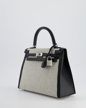 *RARE* Hermès Kelly Sellier Bag 25cm in Ecru & Black Toile Quadrille with Black Swift Leather and Palladium Hardware