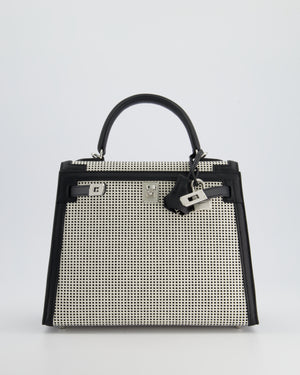 *RARE* Hermès Kelly Sellier Bag 25cm in Ecru & Black Toile Quadrille with Black Swift Leather and Palladium Hardware