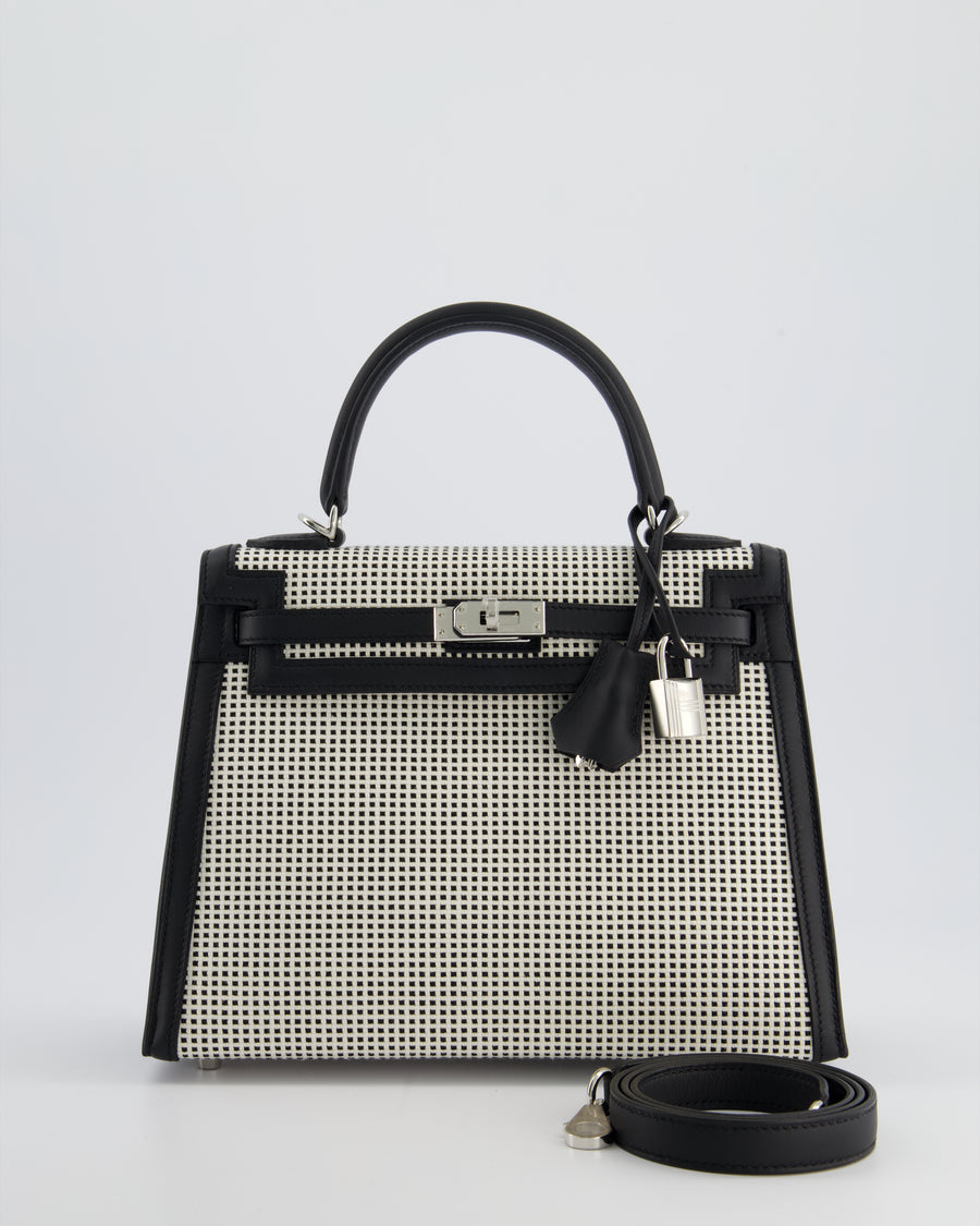 *RARE* Hermès Kelly Sellier Bag 25cm in Ecru & Black Toile Quadrille with Black Swift Leather and Palladium Hardware