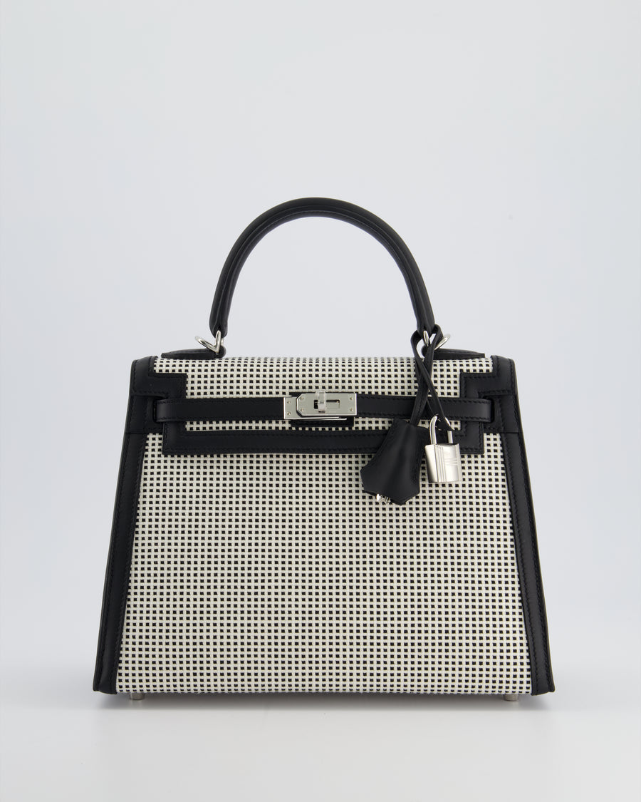 *RARE* Hermès Kelly Sellier Bag 25cm in Ecru & Black Toile Quadrille with Black Swift Leather and Palladium Hardware