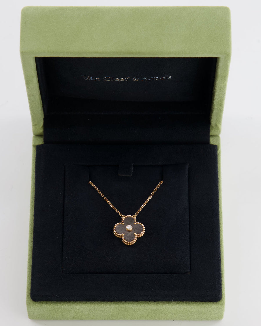 *LIMITED EDITION* Van Cleef & Arpels Alhambra Holiday Pendant in Obsidian and Rose Gold, with Round Diamond