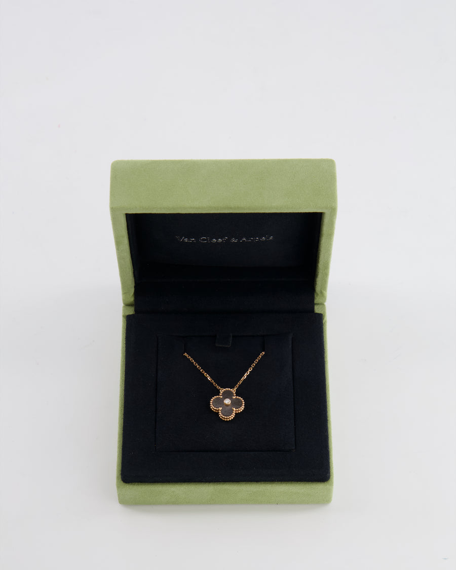 *LIMITED EDITION* Van Cleef & Arpels Alhambra Holiday Pendant in Obsidian and Rose Gold, with Round Diamond