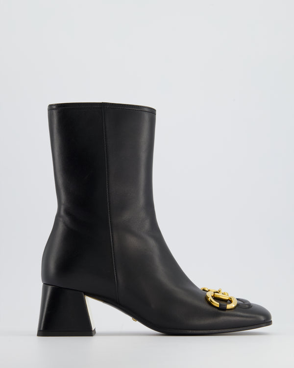 Gucci Black Leather Horsbit Ankle Boots GG Logo Size EU 36.5