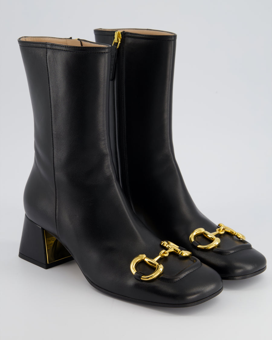 Gucci Black Leather Horsbit Ankle Boots GG Logo Size EU 36.5