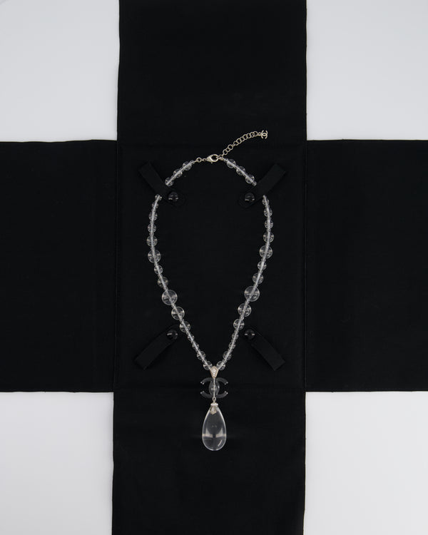 Chanel Clear Resin & Crystal CC Logo Teardrop Pendant Necklace