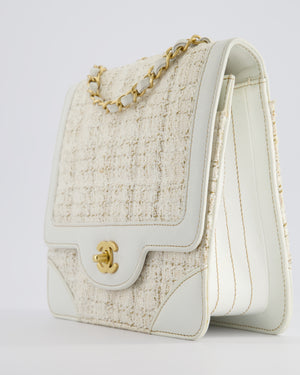 Chanel Small White Tweed and Aged Calfskin Flap Bag with Brushed Gold Hardware