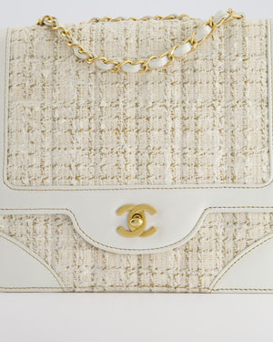 Chanel Small White Tweed and Aged Calfskin Flap Bag with Brushed Gold Hardware