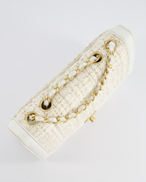 Chanel Small White Tweed and Aged Calfskin Flap Bag with Brushed Gold Hardware