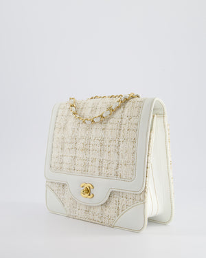 Chanel Small White Tweed and Aged Calfskin Flap Bag with Brushed Gold Hardware