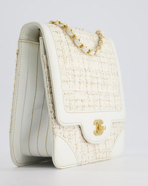 Chanel Small White Tweed and Aged Calfskin Flap Bag with Brushed Gold Hardware