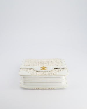 Chanel Small White Tweed and Aged Calfskin Flap Bag with Brushed Gold Hardware