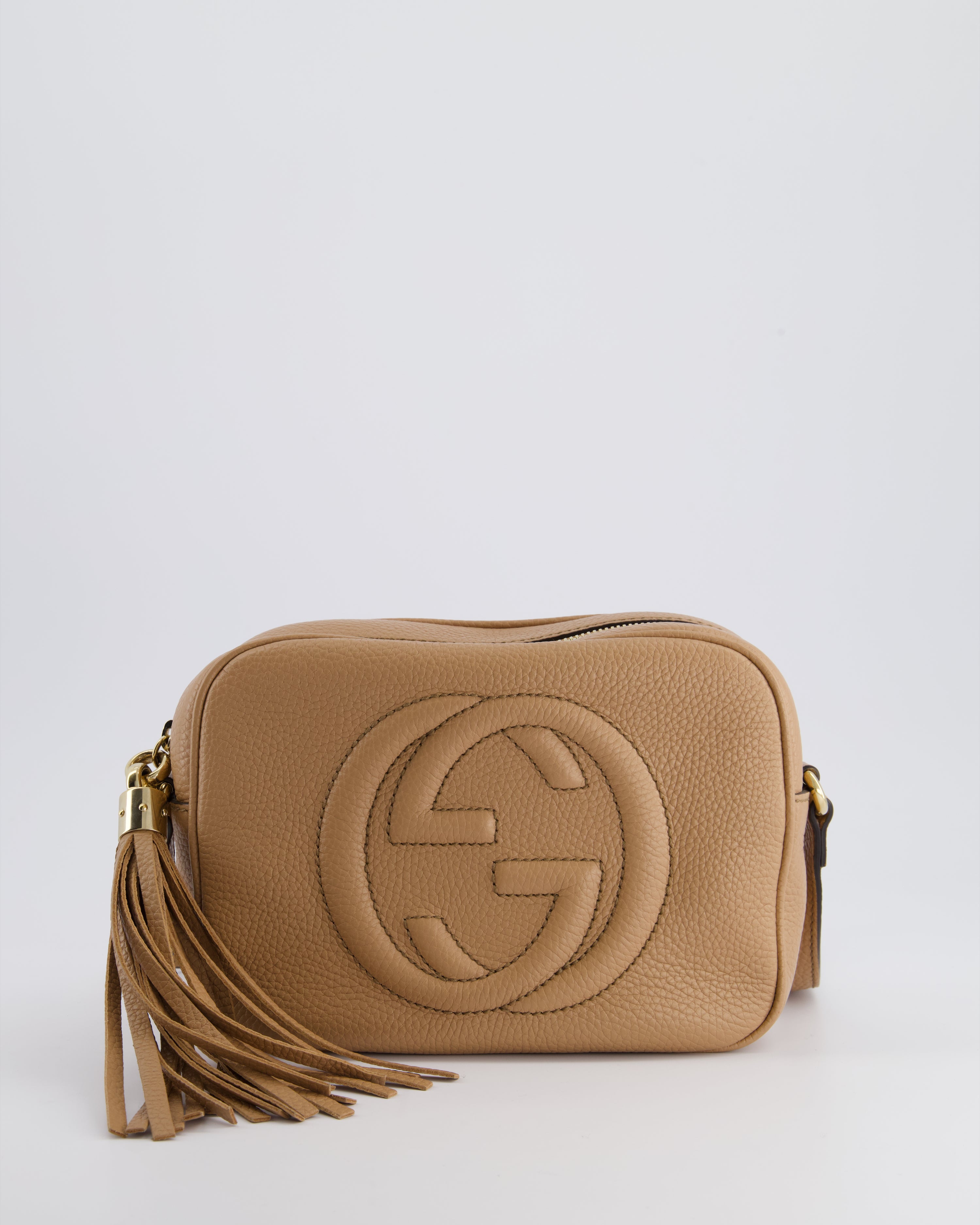 Gucci Dark Beige Soho Disco Leather Bag with Strap Tassel and GG Deta Sellier