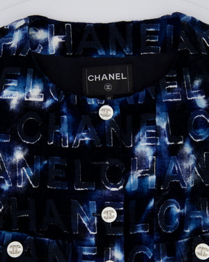 *HOT* Chanel 21C Short Sleeve Jacket in Blue Logo Velvet with White Enamel & Crystal CC Button Detail Size FR 42 (UK 14)