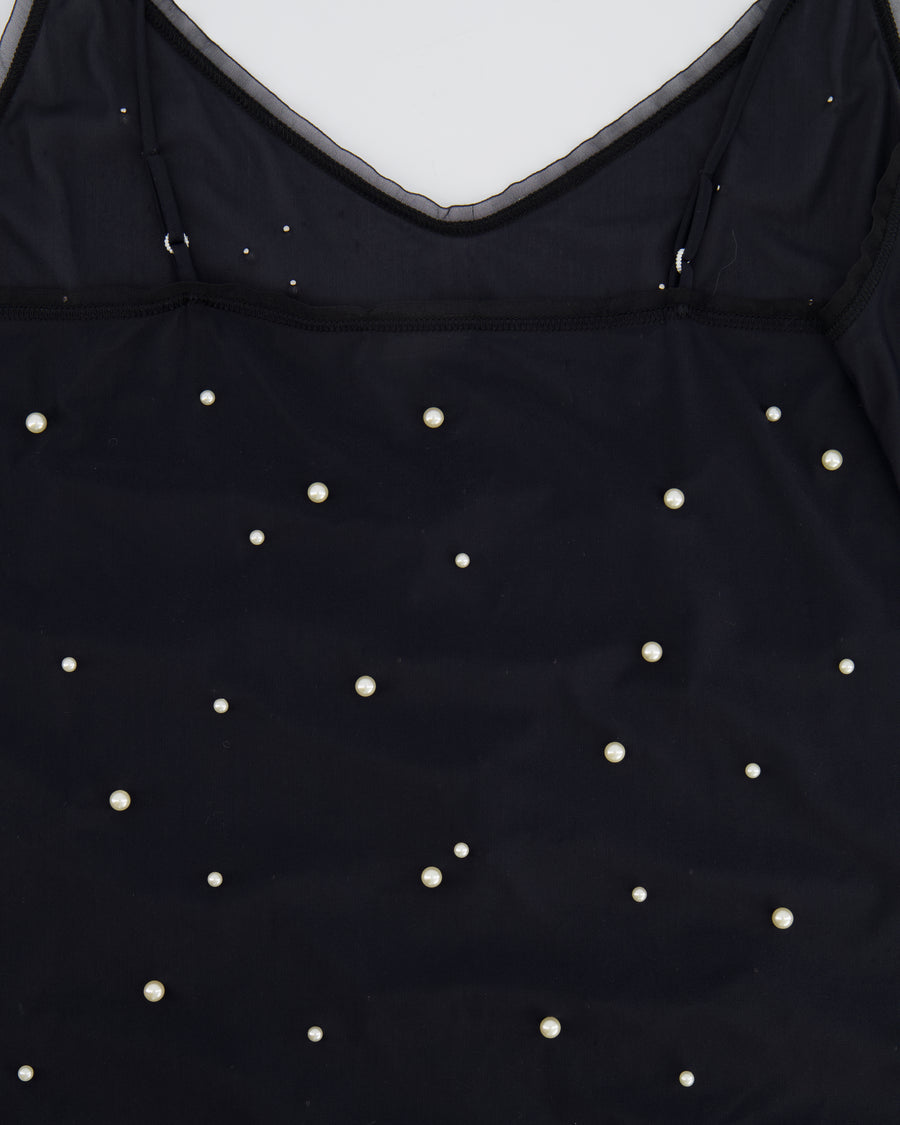 Chanel Black Tank Top with Pearl Embellishments and CC Logo Detail Size FR 38 (UK 10)