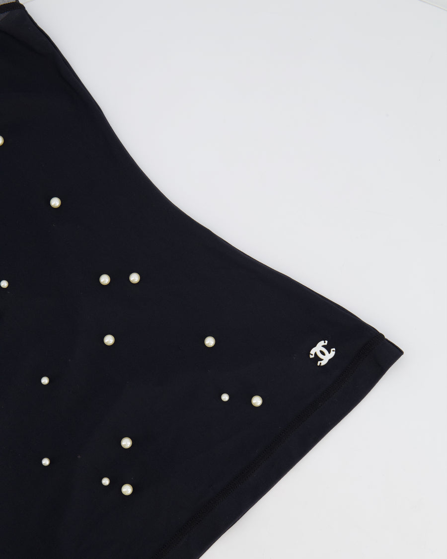 Chanel Black Tank Top with Pearl Embellishments and CC Logo Detail Size FR 38 (UK 10)