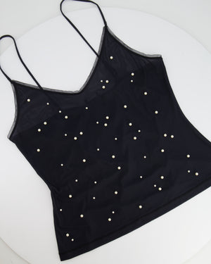 Chanel Black Tank Top with Pearl Embellishments and CC Logo Detail Size FR 38 (UK 10)