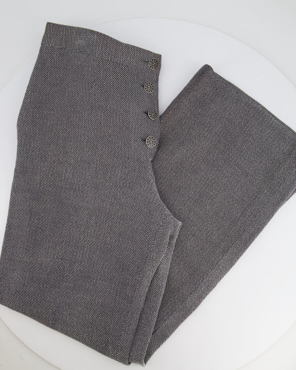 Chanel Grey Houndstooth Wide Leg Trousers with CC Logo Button Details Size FR 42 (UK 14)