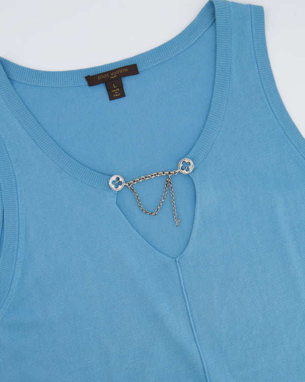 Louis Vuitton Blue Tank Top with LV Logo Silver Chain Detail Size L (UK 12)