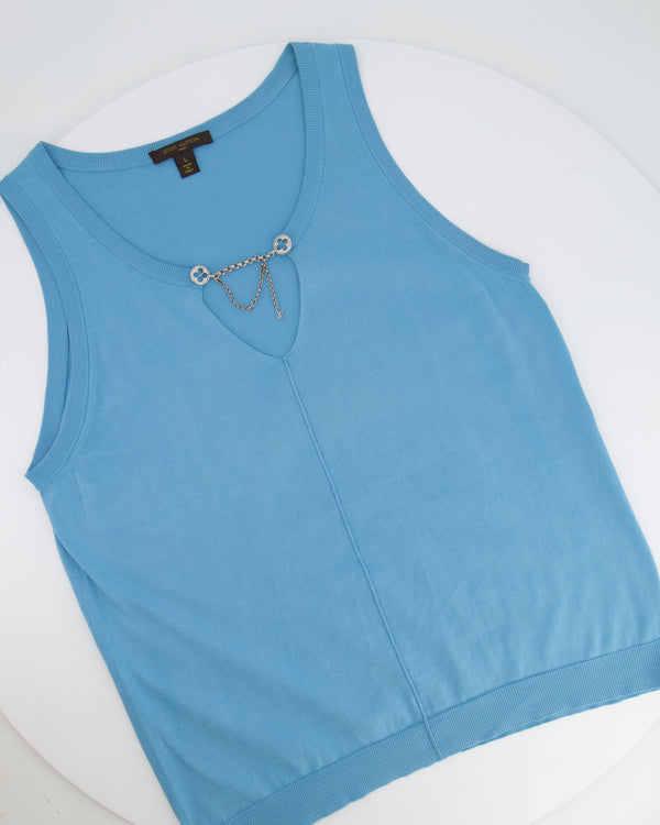 Louis Vuitton Blue Tank Top with LV Logo Silver Chain Detail Size L (UK 12)