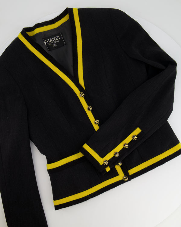 *HOT* Chanel 1994 Vintage Black and Yellow Wool Jacket & Midi Skirt Set with CC Logo Button Details Size FR 40 (UK 12)