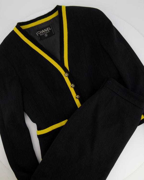 *HOT* Chanel 1994 Vintage Black and Yellow Wool Jacket & Midi Skirt Set with CC Logo Button Details Size FR 40 (UK 12)