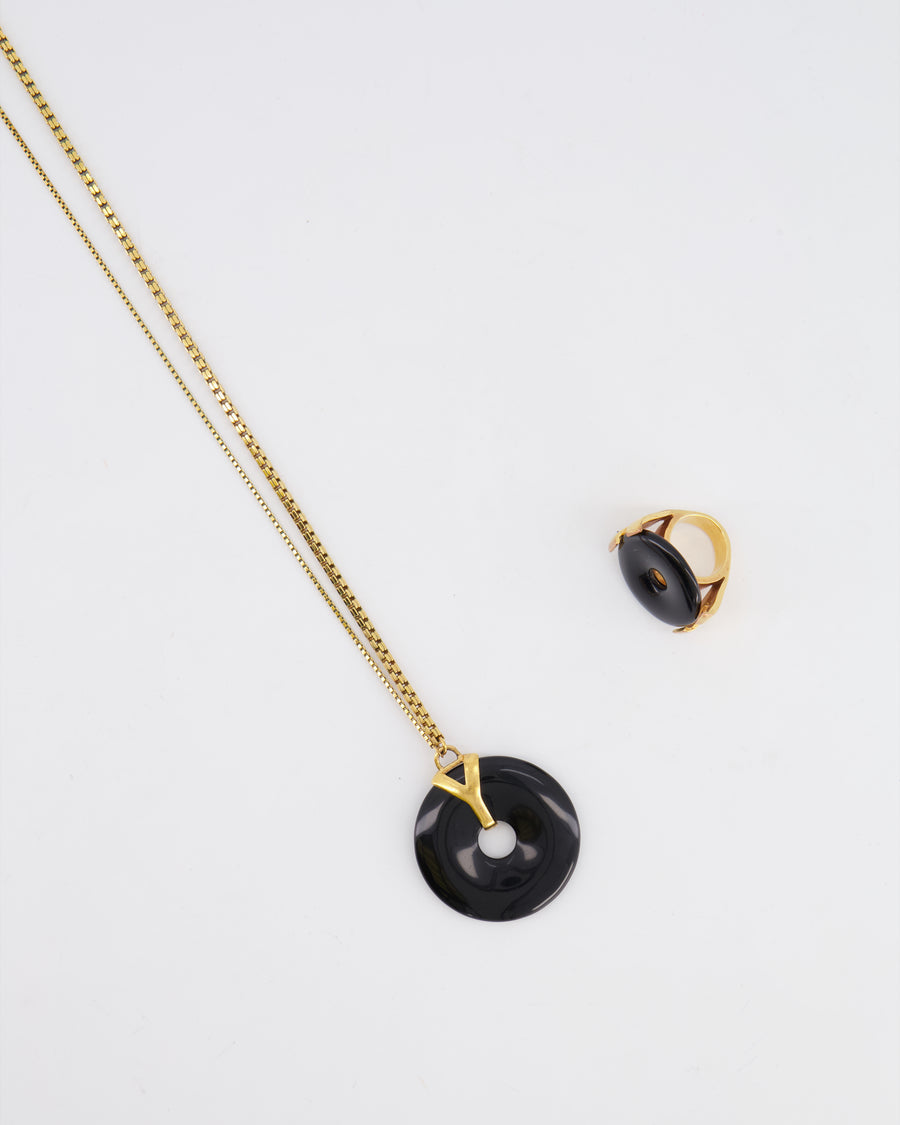 Yves Saint Laurent Vintage Black Resin and Gold Y Necklace and Ring Jewellery Set