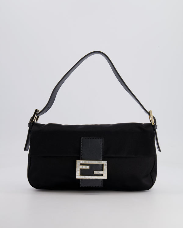 *HOT VINTAGE* Fendi Black Vintage Baguette Satin Bag with Crystal FF Buckle Detail