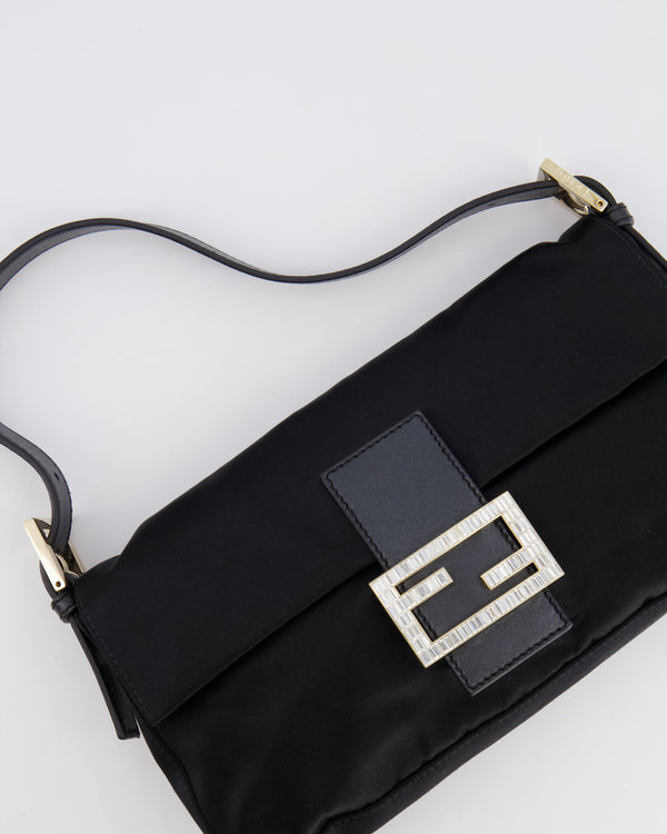 *HOT VINTAGE* Fendi Black Vintage Baguette Satin Bag with Crystal FF Buckle Detail