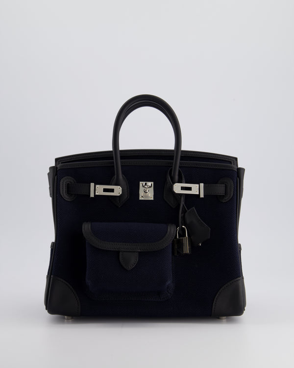 *HOT* Hermès Cargo Birkin 25cm Bag Toile Goeland Swift in Bleu Marine and Black with Palladium Hardware