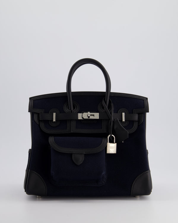 *HOT* Hermès Cargo Birkin 25cm Bag Toile Goeland Swift in Bleu Marine and Black with Palladium Hardware