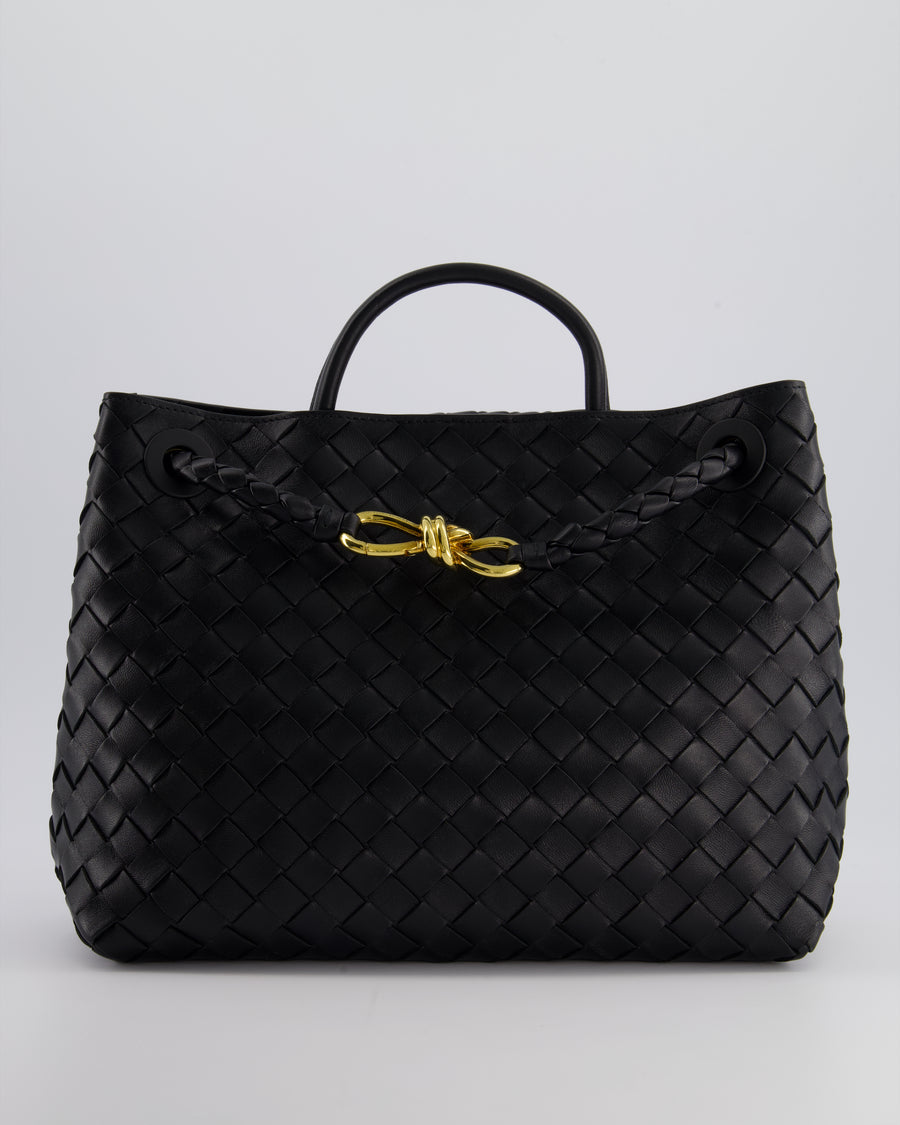 *HOT* Bottega Veneta Black Andiamo Medium Intrecciato Leather Top Handle Bag with Sliding Cross-Body and Gold Knot Hardware RRP £4,030