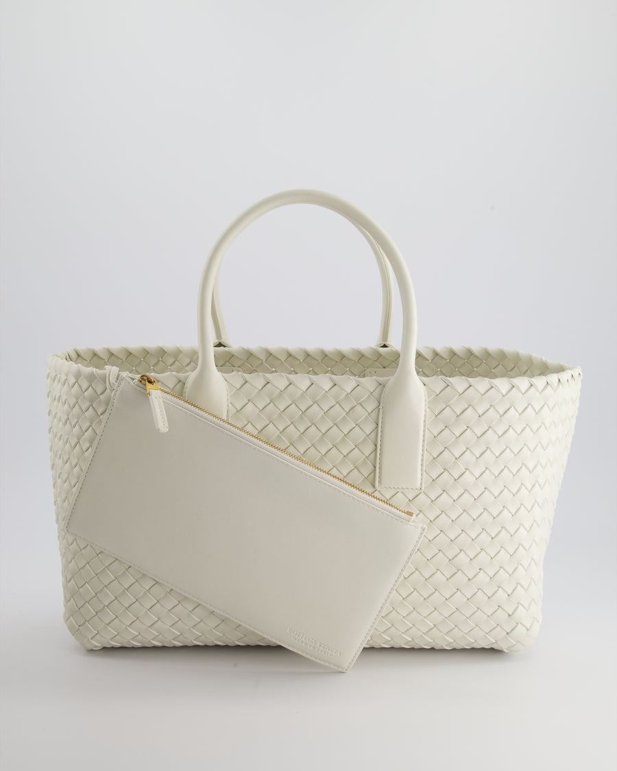 Bottega Veneta White Small Cabat Intreccio Leather Tote Bag in Lambskin Leather with Gold Hardware RRP £6,090