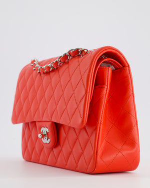 Chanel Scarlet Red Medium Classic Double Flap Bag in Lambskin Leather with Silver Hardware