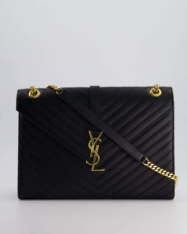 Saint Laurent Black Envelope Shoulder Bag in Grained Calfskin Leather With Gold Hardware