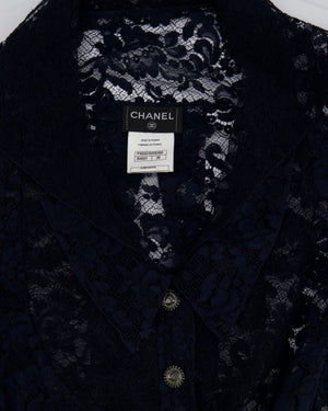 Chanel Navy Lace Long Sleeve Shirt with Ruthenium Buttons Detail Size FR 36 (UK 8)