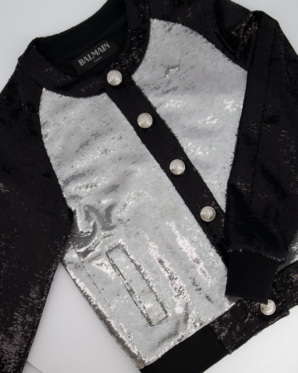 Balmain Black Sequin Panelled Bomber Jacket Size FR 38 (UK 10)