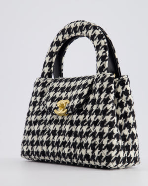 *HOT* Chanel Small Kelly Shopping Bag in Black & White Wool Houndstooth with Brushed Antique Gold Hardware