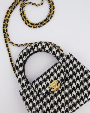 *HOT* Chanel Small Kelly Shopping Bag in Black & White Wool Houndstooth with Brushed Antique Gold Hardware