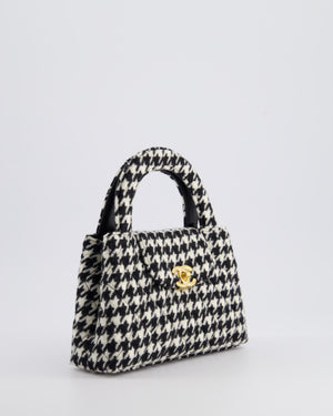 *HOT* Chanel Small Kelly Shopping Bag in Black & White Wool Houndstooth with Brushed Antique Gold Hardware