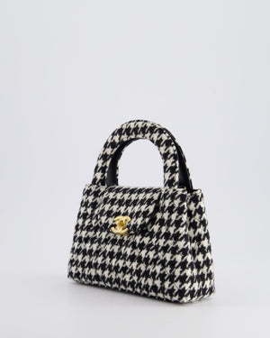 *HOT* Chanel Small Kelly Shopping Bag in Black & White Wool Houndstooth with Brushed Antique Gold Hardware