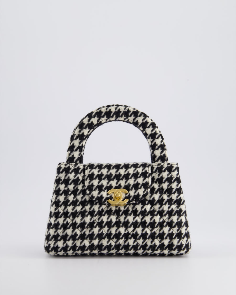 *HOT* Chanel Small Kelly Shopping Bag in Black & White Wool Houndstooth with Brushed Antique Gold Hardware