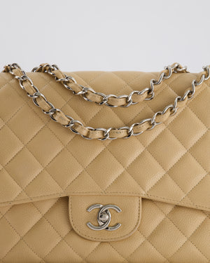 Chanel Beige Jumbo Classic Single Flap Bag in Caviar Leather with Silver Hardware