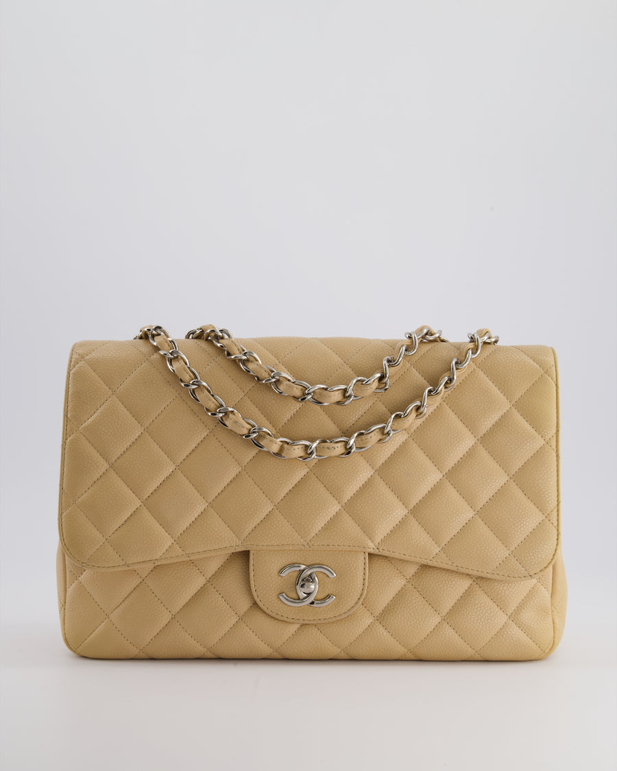 Chanel Beige Jumbo Classic Single Flap Bag in Caviar Leather with Silver Hardware