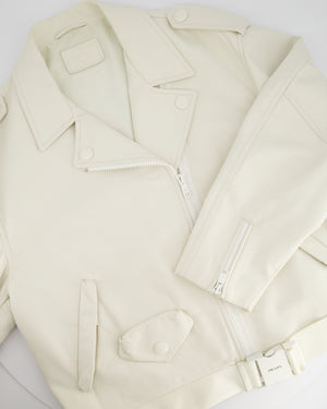 Prada Off White Leather Biker Asymmetric Jacket with Metal Logo Belt Buckle Detail Size IT 42 (UK 10)