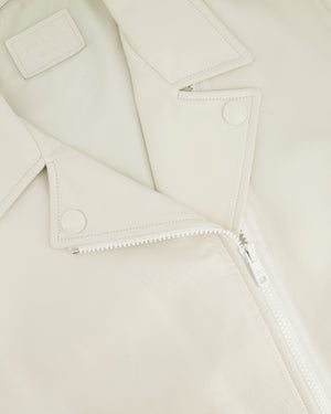 Prada Off White Leather Biker Asymmetric Jacket with Metal Logo Belt Buckle Detail Size IT 42 (UK 10)