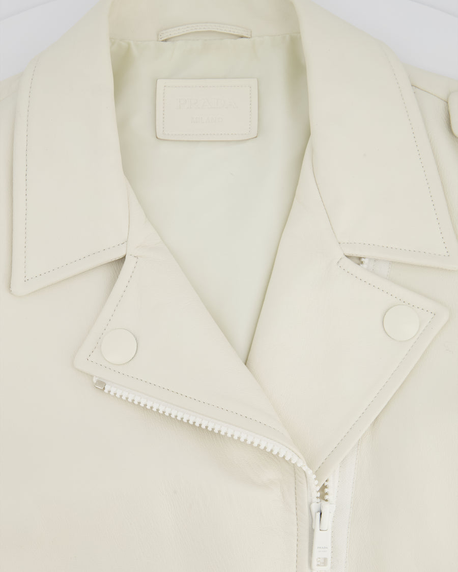 Prada Off White Leather Biker Asymmetric Jacket with Metal Logo Belt Buckle Detail Size IT 42 (UK 10)