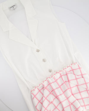 *HOT* Chanel Resort 2023 White Shirt Playsuit with Checked Pink Detachable Shorts & Long Train Detail Size FR 34 (UK 6)