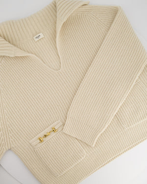 Celine Cream Cashmere Knitted Jumper with Gold Horse-bit Details Size S (UK 8)