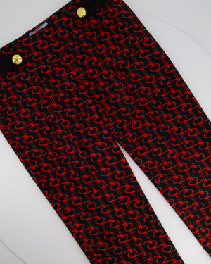 Prada Black & Red Repeating Motif Trousers with Satin Belt and Gold Button Detail Size 42 (UK 10)