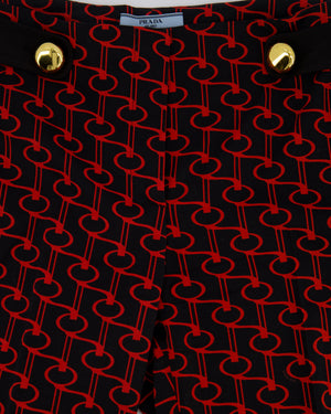 Prada Black & Red Repeating Motif Trousers with Satin Belt and Gold Button Detail Size 42 (UK 10)